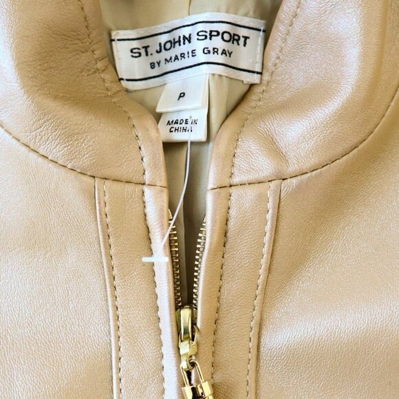St. John Sport 100% Leather Pearl Metallic Gold Tan Zip Front Jacket P Petite - Picture 6 of 6